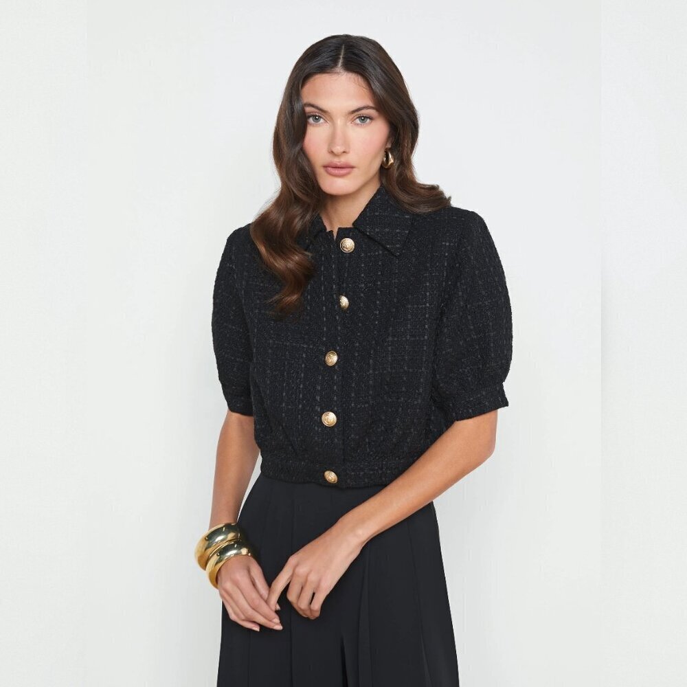 L’Agence Cove Cropped Tweed Jacket Size 8 Black Short Sleeve Polished